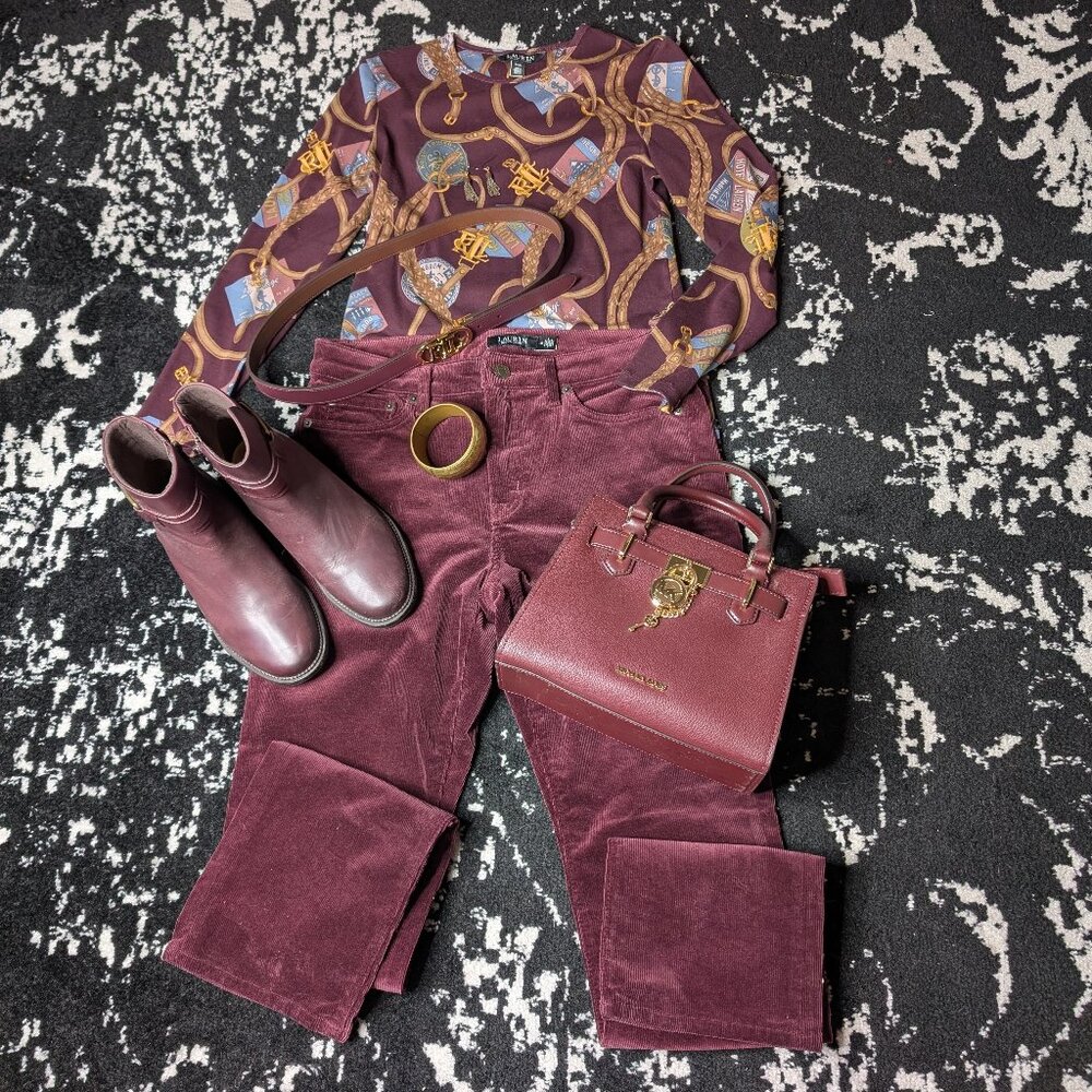 Lauren Ralph Lauren Stretch Corduroy Mid-Rise Straight Pant Pino Noir Size 10